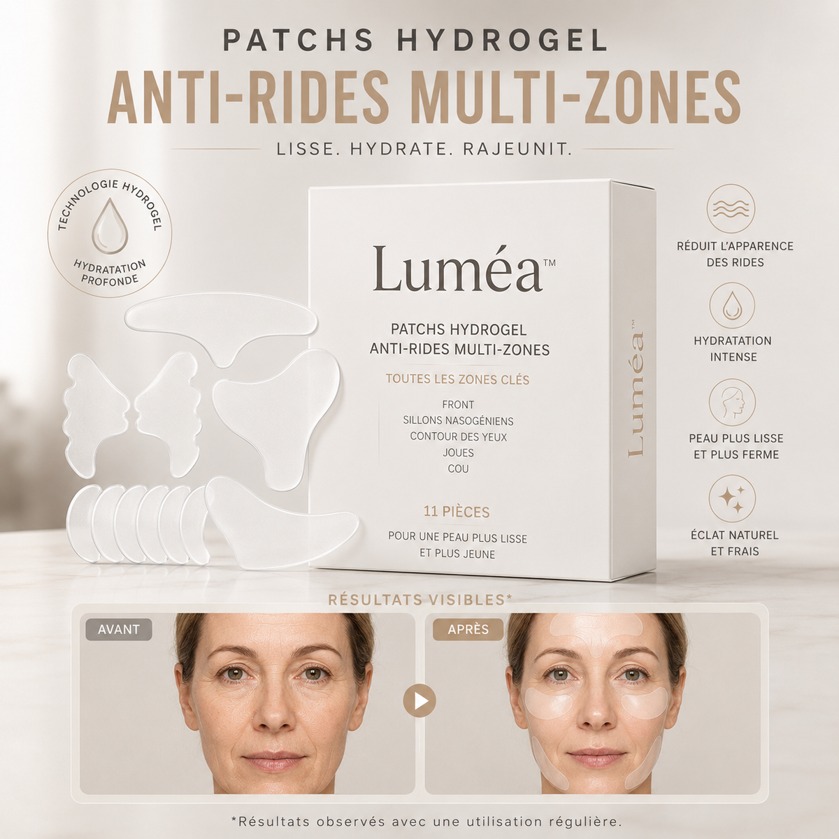 Luméa™ Glow Patches Technologie Hydrogel Lissante Anti-Rides Une Peau d’Apparence Plus Jeune Dès le Réveil