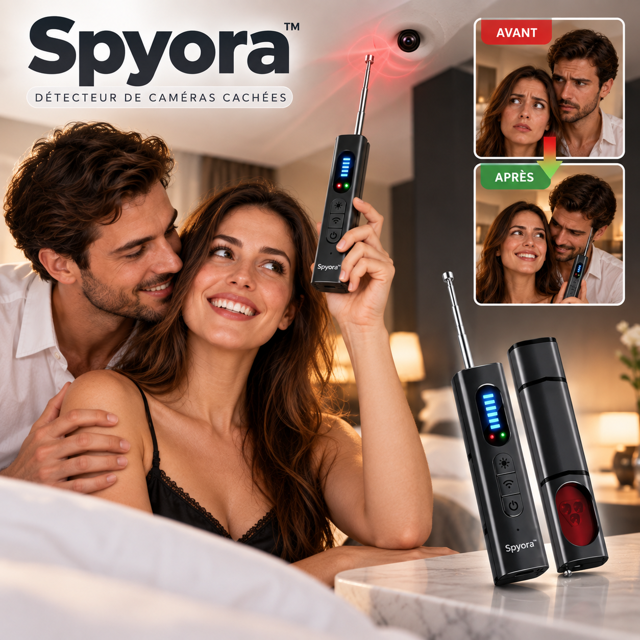 Spyora™ Détecteur de Caméras Cachées Détection RF Infrarouge 4-en-1 pour Vérifier Votre Vie Privée en Quelques Secondes